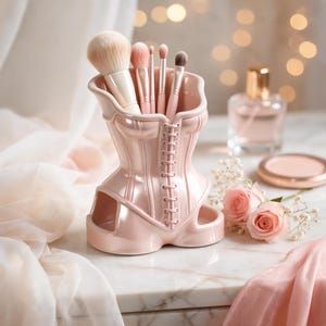 Puede incluir: Un soporte para brochas de maquillaje de cerámica rosa con forma de corsé y diseño de cordones, que contiene varios pinceles de maquillaje. El soporte está sobre una superficie de mármol, con un frasco de perfume y una polvera en el fondo.
