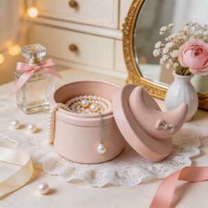 May include: A round, pale pink jewelry box with a matching lid featuring a crescent moon and a small bow. Inside the container rests a white pearl necklace and a pair of pearl stud earrings. The box is placed on a white lace fabric surface.
