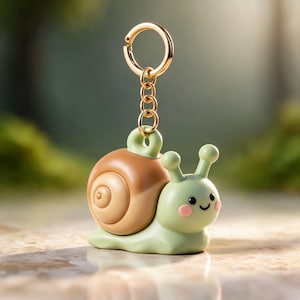 Può includere: Un portachiavi a forma di lumaca con corpo verde chiaro, piccoli occhi neri, una minuscola bocca sorridente e guance rosa. La lumaca ha un guscio marrone liscio e arrotondato con un motivo a spirale, fissato a un anello e catena dorati.