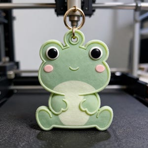 May include: A light green frog keychain featuring a smooth, matte finish with large black eyes, pink circular cheeks, and a small smiling mouth. The frog is depicted in a seated position with a lighter green belly and is attached to a gold metal ring.