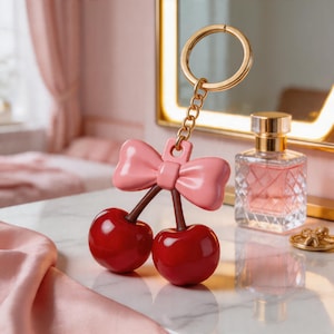 May include: A cherry-shaped keychain with a pink bow and two red cherries. The keychain has a gold-colored ring and chain. The cherries have brown stems. The background includes a perfume bottle and a mirror.