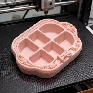 Puede incluir: Una bandeja rectangular de color rosa claro con seis compartimentos internos. La bandeja presenta un borde elevado decorado con volutas ornamentales y un detalle de lazo prominente en el lado derecho. El objeto está sobre una superficie negra texturizada.