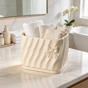 May include: A cream ceramic basket with a bow design, holding folded white and cream towels. The basket features a textured, wavy pattern and is placed on a marble surface, suitable for bathroom use.