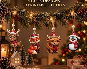 Paquete de archivos STL de adornos navideños de animales / Decoración de vaca de las Tierras Altas / Decoraciones para el árbol de Navidad / Imprimible en 3D