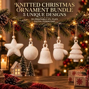 May include: A set of five white 3D printable Christmas ornaments featuring a knitted texture, including a star, sphere, bell, mitten, and tree. The text reads: KNITTED CHRISTMAS ORNAMENT BUNDLE 5 UNIQUE DESIGNS 3D PRINTABLE STL FILES DIGITAL DOWNLOAD.