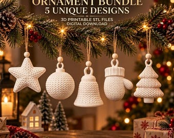 Paquete de archivos STL de adornos navideños tejidos / Archivos imprimibles en 3D / Decoraciones para el árbol / Descarga digital