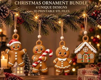 Paquete de adornos navideños de pan de jengibre en formato STL / Decoraciones para el árbol de Navidad / Archivo digital imprimible en 3D