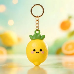 Pode incluir: Um chaveiro amarelo em forma de limão com um rosto sorridente, folhas verdes e um porta-chaves dourado. O chaveiro é um acessório fofo e divertido.