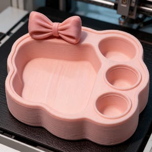 May include: A light pink 3D printed organizer tray featuring a large main compartment, three smaller circular side compartments, and a decorative bow accent attached to the top edge. The surface shows visible horizontal layer lines from the printing process.