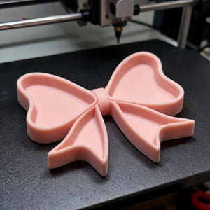 Può includere: Un vassoio rosa chiaro a forma di fiocco con una finitura liscia e opaca. L'oggetto presenta un nodo centrale e due anelli simmetrici scavati su ciascun lato, creando un contenitore poco profondo e aperto con bordi rialzati lungo tutto il profilo.
