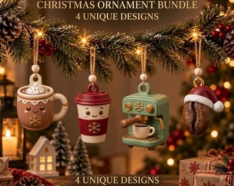 Paquete de adornos navideños de café en formato STL / Archivos imprimibles en 3D / Decoraciones para el árbol / Descarga digital