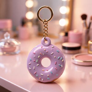 Puede incluir: Un llavero en forma de donut lila con chispas de colores y una cadena y un anillo dorados. Este divertido accesorio es perfecto para añadir un toque de fantasía a llaves o bolsos. El donut tiene un acabado brillante.