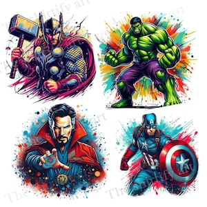 May include: Four vibrant illustrations of Marvel superheroes: Thor with his hammer, Hulk flexing, Doctor Strange with a glowing hand, and Captain America with his shield. Each character is set against a colourful, abstract background.