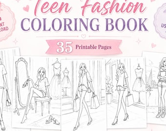 Libro para colorear de moda adolescente imprimible, 35 páginas para colorear de chicas a la moda, páginas para colorear de atuendos modernos para adolescentes, descarga instantánea en PDF.