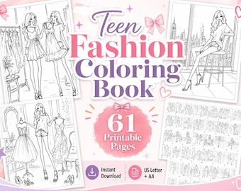 Libro para colorear de moda adolescente imprimible, 61 páginas para colorear de moda para chicas, páginas para colorear de atuendos modernos para preadolescentes, descarga instantánea en PDF.