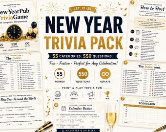 Juego imprimible de preguntas y respuestas de Año Nuevo, concurso de preguntas para fiestas de Nochevieja, 550 preguntas, noche de juegos en familia, fiesta de oficina, PDF tamaño carta estadounidense A4