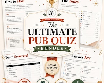 Paquete imprimible de preguntas y respuestas para pub, 550 preguntas de trivia, 55 rondas, juego de cultura general, fiesta de oficina familiar, PDF tamaño carta estadounidense y A4