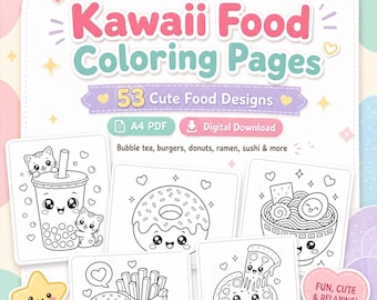 Dibujos para colorear de comida kawaii en PDF, 53 láminas imprimibles para colorear de comida adorable, actividad para niños, descarga instantánea.