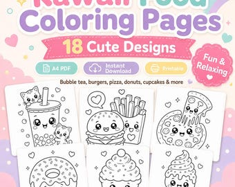 Dibujos para colorear de comida kawaii en PDF imprimibles: libro para colorear de comida adorable para niños y adolescentes / Descarga instantánea / Actividad digital para colorear
