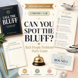 Może przedstawiać: Gra towarzyska zatytułowana "Call the Bluff" z czarną książką, kartami wyników i kartami pytań. Gra zawiera tekst "Can You Spot the Bluff?" i "Rich People Problems Party Game". Zawiera złoty dzwonek, długopis i diament.