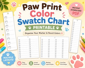 Paquete de tablas de muestras de color Paw / PDF imprimible de Nuancier / 12 24 48 96 muestras / Rastreador de colores para lápices de colores y marcadores