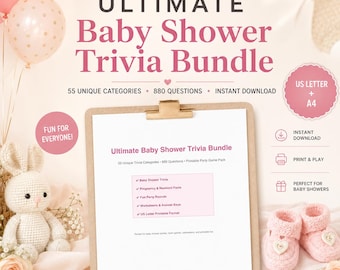 Juego de preguntas y respuestas para baby shower imprimible, 880 preguntas, 55 categorías, paquete de juegos para baby shower, PDF para fiestas en formato A4 y Carta de EE. UU.
