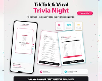Juego de preguntas y respuestas de TikTok para imprimir, cuestionario viral de internet, juego para fiestas de la Generación Z, 150 preguntas, concurso de pub, PDF tamaño carta estadounidense (A4)