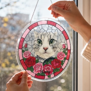 Casse-tête attrape-soleil personnalisé portrait de chat, décoration de fenêtre acrylique fleur mois de naissance