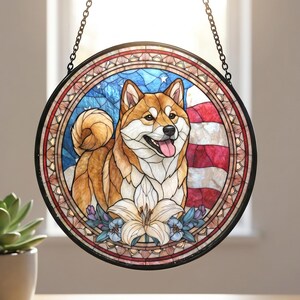 Attrape-soleil pour animal de compagnie personnalisé portrait patriotique style vitrail fenêtre ronde suspendu chien décor commémoratif