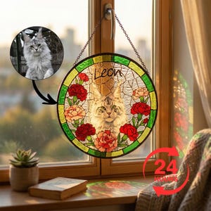 Attrape-soleil pour portrait d'animal de compagnie personnalisé, souvenir commémoratif de style vitrail, arrière-plans de fleurs de naissance