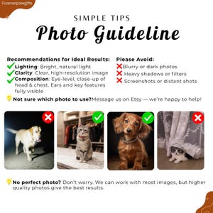 Photo guideline chart for custom pet portrait orders, explaining how to choose the best pet photo. It recommends bright natural lighting, clear high-resolution images, and eye-level close-ups with the head, chest, ears, and key features visible. It also warns against blurry, dark, shadowy, filtered, distant, or screenshot photos.