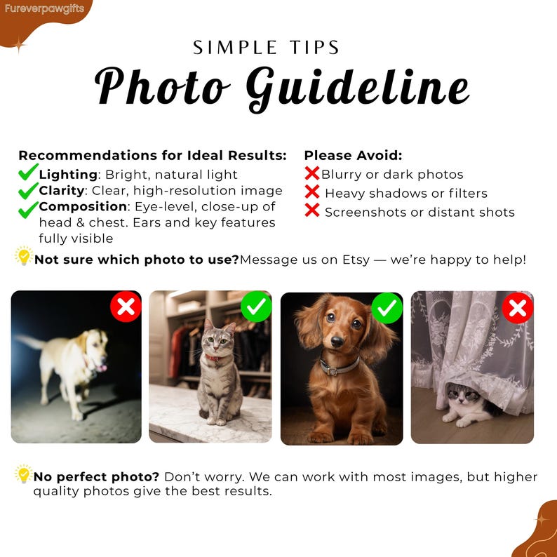 Photo guideline chart for custom pet portrait orders, explaining how to choose the best pet photo. It recommends bright natural lighting, clear high-resolution images, and eye-level close-ups with the head, chest, ears, and key features visible. It also warns against blurry, dark, shadowy, filtered, distant, or screenshot photos.