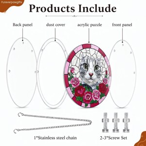 Product contents chart for a custom acrylic puzzle suncatcher kit, showing the included back panel, dust cover, acrylic puzzle piece layer, front panel, stainless steel hanging chain, and screw set. The sample puzzle design features a gray cat portrait with pink and red roses in a round stained glass style frame.