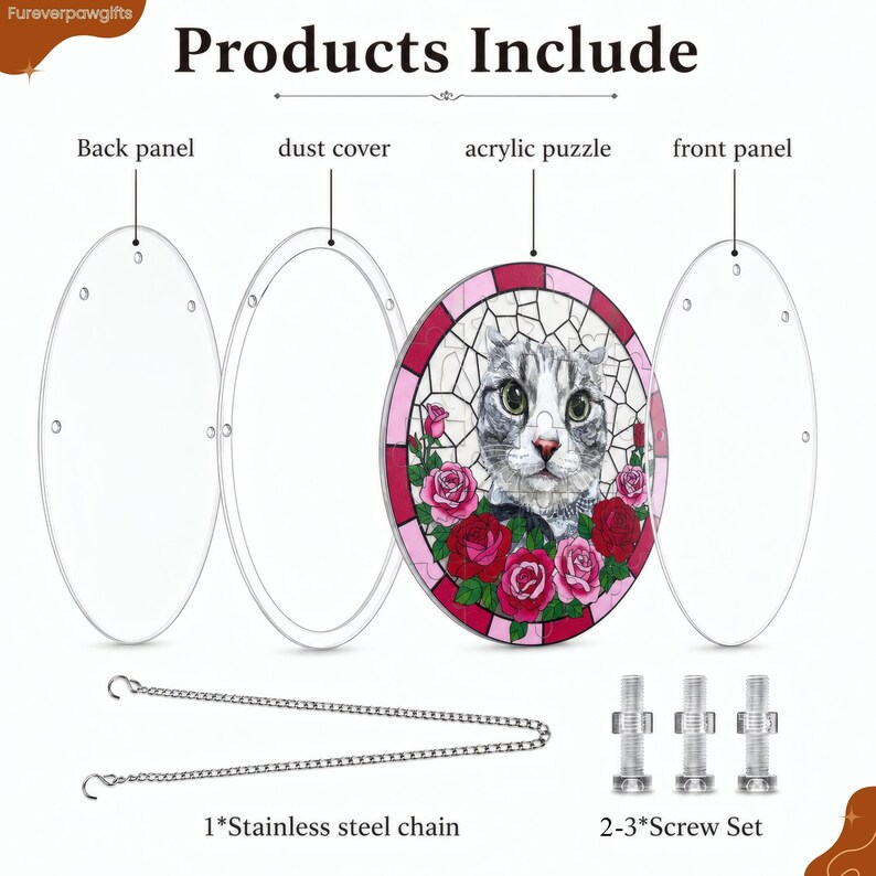Product contents chart for a custom acrylic puzzle suncatcher kit, showing the included back panel, dust cover, acrylic puzzle piece layer, front panel, stainless steel hanging chain, and screw set. The sample puzzle design features a gray cat portrait with pink and red roses in a round stained glass style frame.