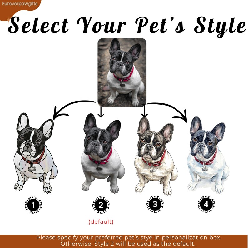 Pet style selection chart for custom pet portrait artwork, showing one French bulldog photo transformed into four different portrait styles. Options include stained glass line art, realistic photo style, detailed illustrated style, and soft watercolor style, with Style 2 marked as the default choice for personalization.