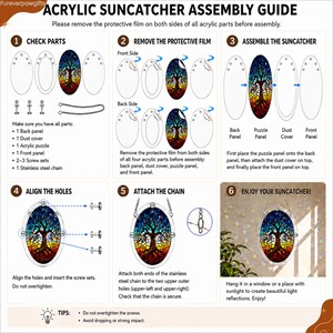 Acrylic suncatcher assembly guide showing six steps: check all included parts, remove protective film from both sides of acrylic pieces, layer the back panel, puzzle panel, dust cover, and front panel, align holes and insert screws, attach the stainless steel chain, then hang the finished suncatcher in sunlight to create colorful reflections.