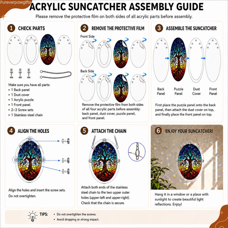 Acrylic suncatcher assembly guide showing six steps: check all included parts, remove protective film from both sides of acrylic pieces, layer the back panel, puzzle panel, dust cover, and front panel, align holes and insert screws, attach the stainless steel chain, then hang the finished suncatcher in sunlight to create colorful reflections.