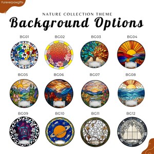 Nature collection background options chart for custom acrylic pet suncatchers, showing twelve round stained glass style designs. Background choices include floral patterns, colorful sunsets, mountain landscapes, ocean waves, autumn trees, abstract geometric art, a space planet theme, grapevine details, and a vintage window design with blank nameplate areas.