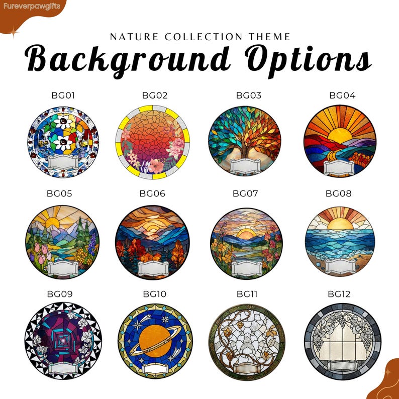 Nature collection background options chart for custom acrylic pet suncatchers, showing twelve round stained glass style designs. Background choices include floral patterns, colorful sunsets, mountain landscapes, ocean waves, autumn trees, abstract geometric art, a space planet theme, grapevine details, and a vintage window design with blank nameplate areas.