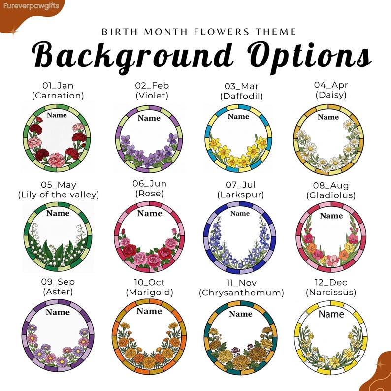 Birth month flower background options chart for custom acrylic pet suncatchers, showing twelve circular floral designs for January through December. Each design features a stained glass style border, a birth flower theme such as carnation, violet, daffodil, daisy, rose, marigold, or chrysanthemum, and a blank center area for a pet portrait or name.