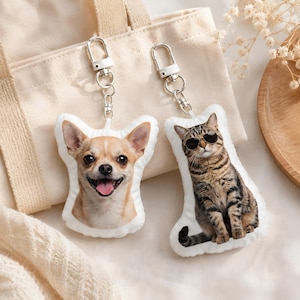 Op de afbeelding: Twee pluche sleutelhangers met bedrukte dierenportretten. De ene is een beige chihuahua met de tong uit de bek, de andere is een bruine cyperse kat met een zwarte zonnebril. Beide zijn bevestigd aan zilverkleurige metalen karabijnsluitingen.