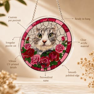 Feature callout image of a round custom acrylic pet portrait puzzle suncatcher with a gray cat, pink and red roses, and the personalized name “Harry.” Labels highlight the irregular puzzle cut, vibrant UV-printed details, clear acrylic material, smooth polished edge, ready-to-hang chain, and custom pet portrait design.