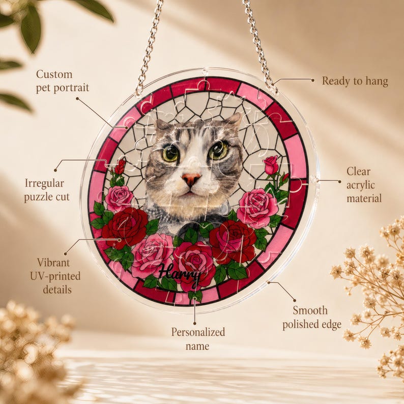 Feature callout image of a round custom acrylic pet portrait puzzle suncatcher with a gray cat, pink and red roses, and the personalized name “Harry.” Labels highlight the irregular puzzle cut, vibrant UV-printed details, clear acrylic material, smooth polished edge, ready-to-hang chain, and custom pet portrait design.
