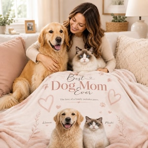 Manta personalizada para mãe de cachorro com foto do gato, nome do animal de estimação, lembrança da família e das patas do pet.