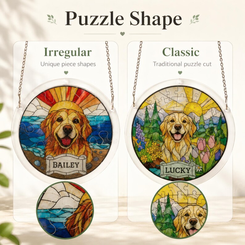 Comparison chart showing two puzzle shape options for custom acrylic pet suncatchers. The left design is an irregular cut with unique whimsical piece shapes and a golden retriever named Bailey in a beach sunset scene. The right design is a classic traditional puzzle cut with a golden retriever named Lucky in a colorful mountain and flower scene.