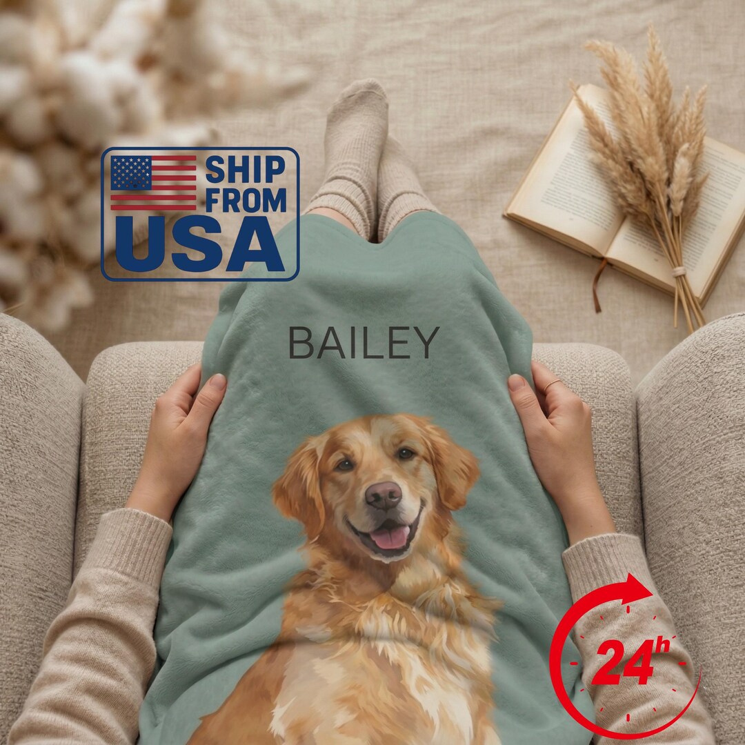 Custom Pet Photo Blanket With Name, Personalized Dog Cat Portrait Throw ...