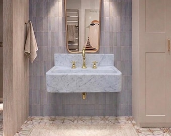 Hand-Carved Italian Carrara Marble Sink | Scalloped Wave & Classic Floating Vanity