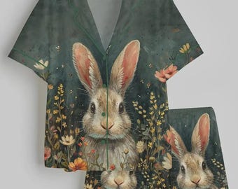 Conjunto de pijama vintage de conejito, pijama de mujer con estampado floral de conejo, pijama con estética cottagecore, ropa de estar por casa con estampado de animales del bosque, regalo de Pascua para ella.