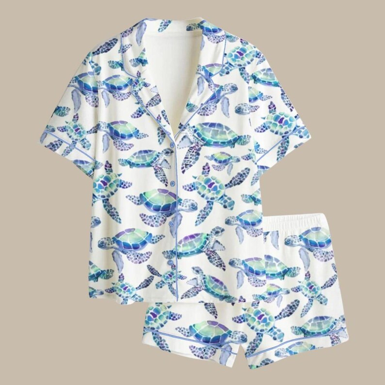 Sea Turtle Family Matching Pajama Set, Ocean Watercolor Beach Sleepwear, Long & Short Sleeve Set image 2