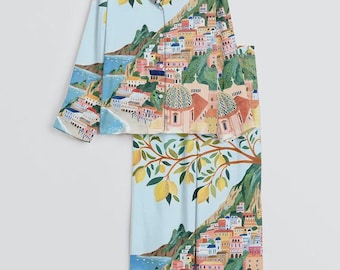 Positano Italy Print Satin Pajama Set, Amalfi Coast Long Sleeve Sleepwear